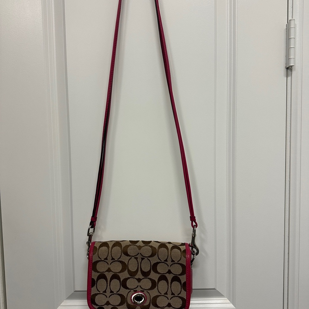 Coach Brown and Pink Crossbody Bag with Signature Print